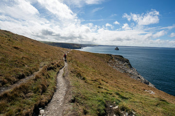 A solitary walk along a windswept coastal path above the sea
